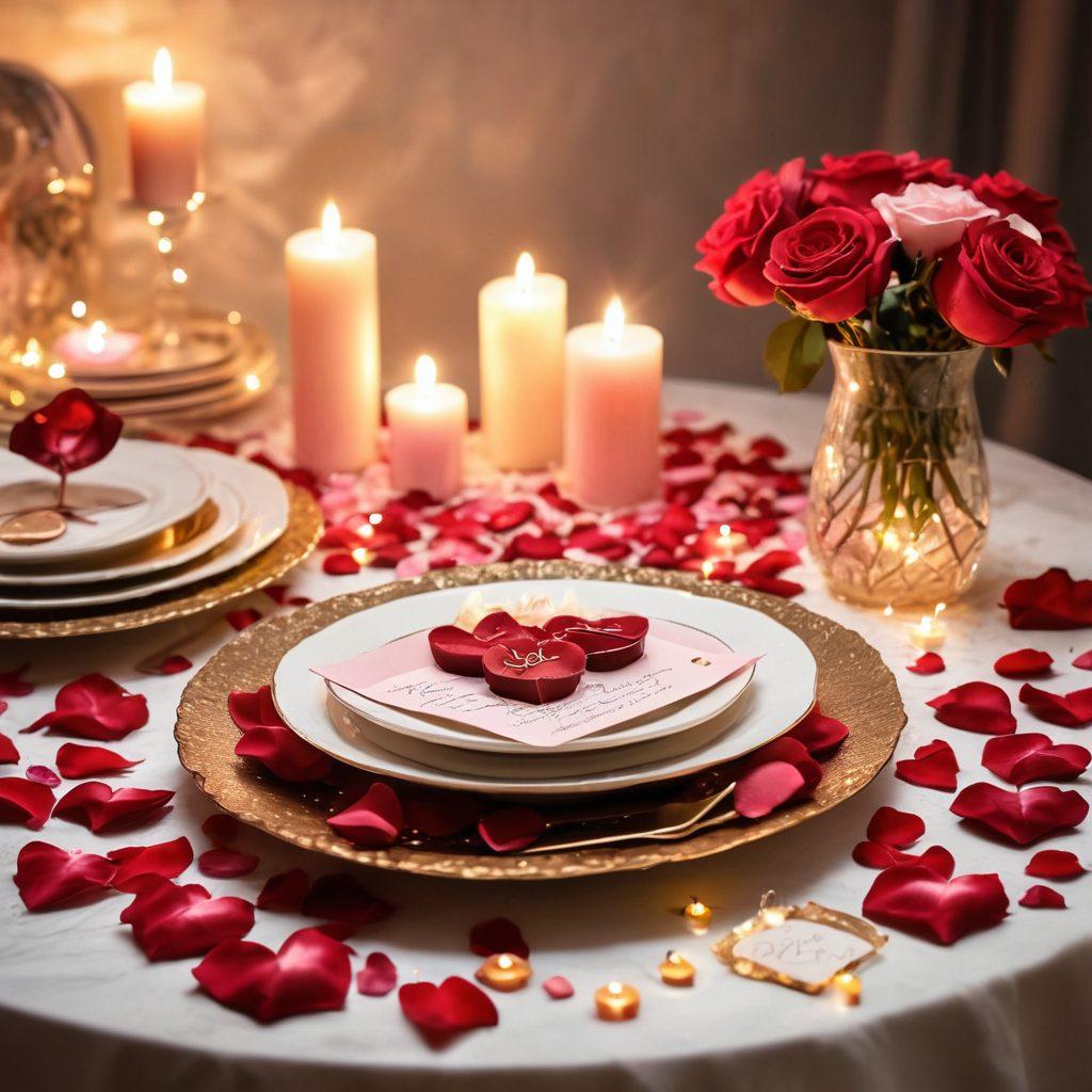 A beautifully arranged table set for a romantic dinner, featuring unique gift ideas like handmade chocolates, personalized love letters, and heart-shaped candles. Soft, enchanting lighting creates an intimate atmosphere with rose petals scattered around. A dreamy background with twinkling fairy lights enhances the romantic vibe. vibrant colors. soft focus.