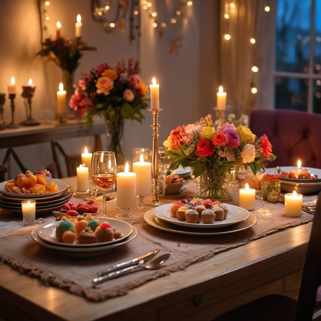 A romantic dinner setup featuring a beautifully decorated table with candles, flowers, and elegant dinnerware. Include a dessert tray filled with assorted sweets, and soft fairy lights twinkling in the background. Vibrant colors and a cozy atmosphere create an inviting feel, perfect for a special night. super-realistic. warm lighting. soft focus.