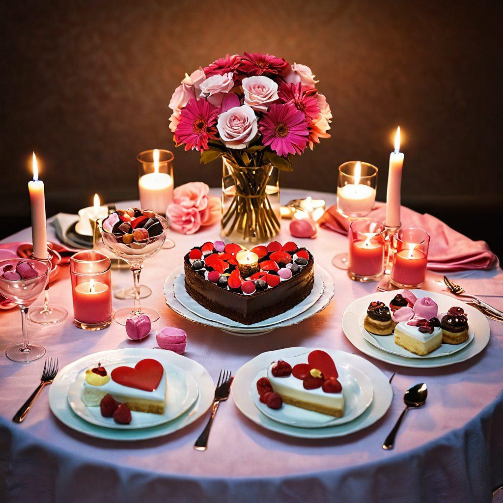 A beautifully arranged table setting for a romantic evening, featuring an assortment of unique, heart-shaped desserts and colorful treats, with soft candlelight glowing in the background. Delicate flowers and pink accents create a warm, inviting atmosphere, embodying the essence of love and celebration. Include subtle details like handwritten love notes or small gifts to enhance the theme. warm colors. super-realistic.
